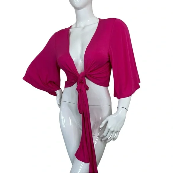 Zenana Chic vibrant Fuchsia Tie-Front blouse shirt swim dopamine wear NWT sz XL - Picture 4 of 13